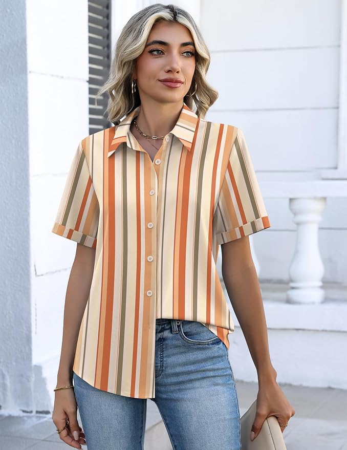 Zeagoo Button Down Shirts for Women Short Sleeve Collared Tops Dressy Casual V Neck Blouses - Image 4