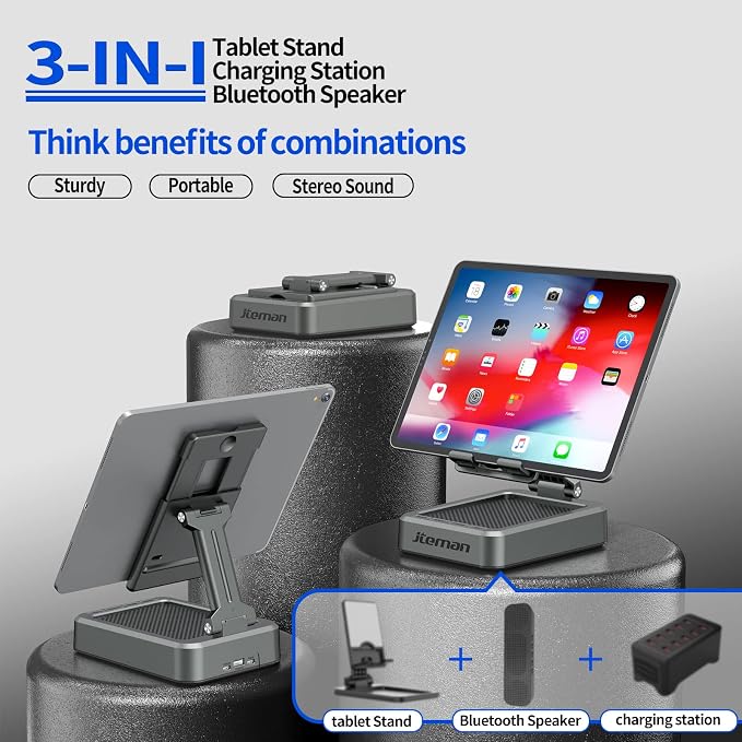 Jteman Wireless Bluetooth Speaker Tablet Stand, Adjustable with Bluetooth Speakers,Gifts for Women Men,Kitchen Gadget for Men,Compatible with Phones and Tablet (4.0-12.9'') - Graphite - Image 2