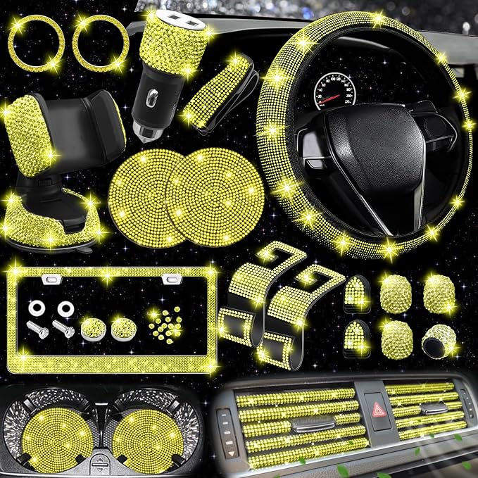NBTEPEM 27 PCs Yellow Bling Car Accessories Set for Women, Steering Wheel Covers Universal Fit 15 Inch, Bling License Plate Frame, Bling Phone Holder, Bling Car Coasters (Yellow Diamond) - Image 2