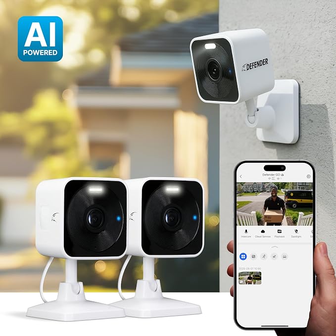 Defender GO 2K AI Powered WiFi Indoor/Outdoor Home, Business, Pet, Baby Security Camera, AI Detection, Dual Band, Spotlight/Siren, Color Night Vision, 2-Way Talk, Works with ClearVu App, 2 Pack - Image 2