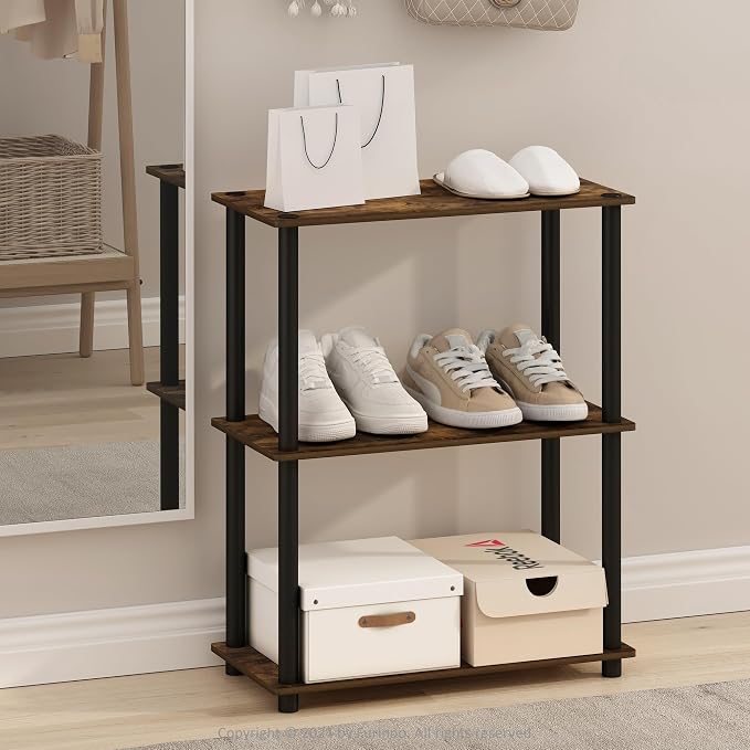 Furinno Turn-N-Tube Storage Shelves, 3-Tier Book Shelf, Corner Shelf, Toolless Open Shelves, for Organization and Storage, Living Room, Garage, Home Office, Amber Pine - Image 2