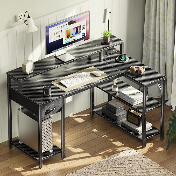 SUPERJARE 47 inch L Shaped Gaming Desk with LED Lights & Power Outlets, Reversible Computer Desk with Shelves & Monitor Stand, Corner Desk with Drawer, for Home & Office, Carbon Fiber Black - Image 7