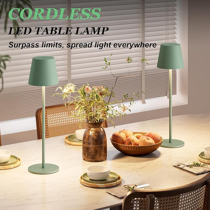 Kakanuo Cordless Table Lamp Rechargeable Green - KK 2 Pack 5000mAH Battery Operated Lamp for Dining Table, 3 Color Stepless Dimming Wireless Lamp for Counter, Outdoor Patio, Touch Control - Image 4
