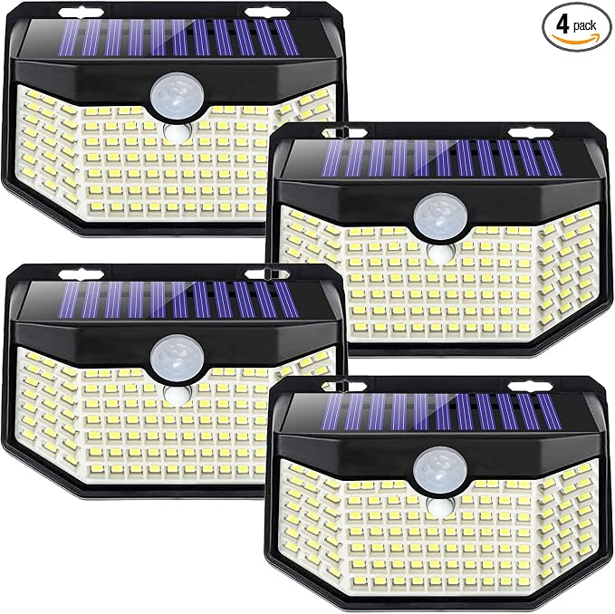 HMCITY Solar Lights Outdoor 120 LED 3 Lighting Modes,Motion Sensor Wall Lights, IP65 Waterproof Solar Powered Wall Lights for Garden Deck Lights (Front Button 4Packs, Black Shell-Daylight White) by LightingUpYourLife