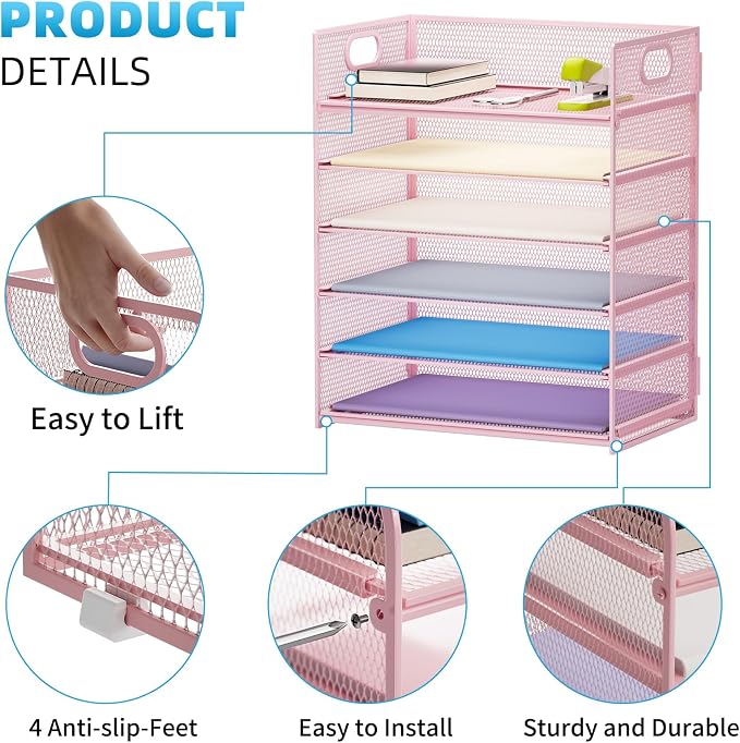 Marbrasse 6 Tier Paper Organizer Letter Tray - Mesh Desk File Organizer with Handle, Paper Sorter for Letter/A4 Office File Folder Holder -Pink - Image 4