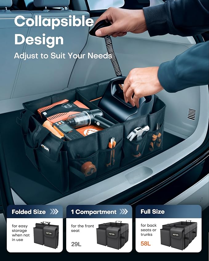 HOTOR Foldable Trunk Organizer - SUVs & Sedans, Sturdy Car Organization With 2 Compartments, Black, 23.6"×14.2"×10.6" - Image 5