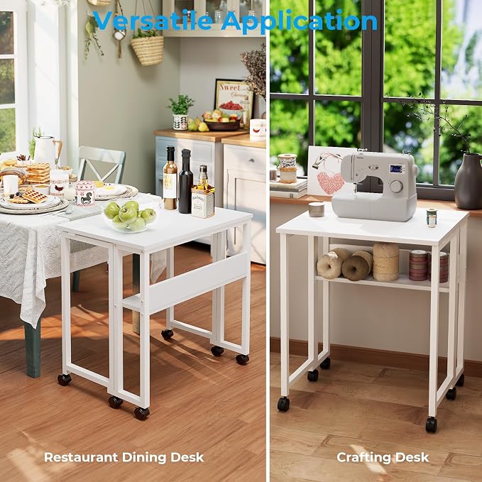 GreenForest Folding Desk with Wheels, 31.5" Rolling Table for Small Spaces | Storage Shelf, Lockable Casters, Compact Portable Workstation, Space-Saving Foldable Sofa Table, Home Office, Mobile, White - Image 7