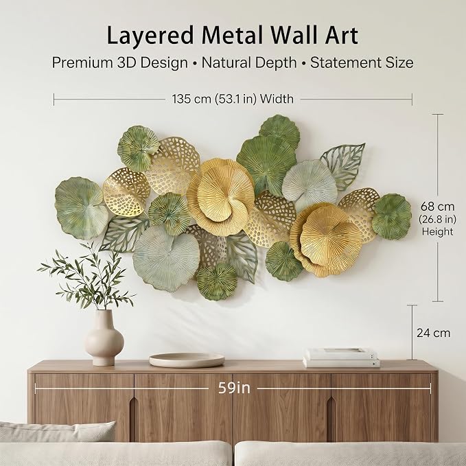 Axioglo 51" Large Wall Decor 3D Lotus Leaf Metal Wall Art for Living Room | 51" x 26" metal wall decor with layered metal texture, mounting hardware, two-way display - Image 4