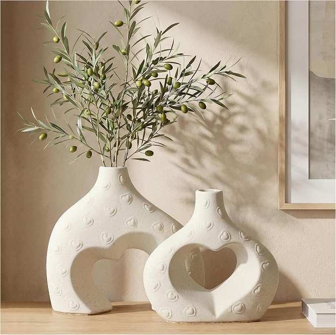 White Ceramic Flower Vases Table Decor Heart Shaped Vase Set of 2 | Nordic Heart Shaped Vases Minimalist Decorative Vase for Table Centerpiece Wedding Dining Living Room Office House Decoration - Image 3