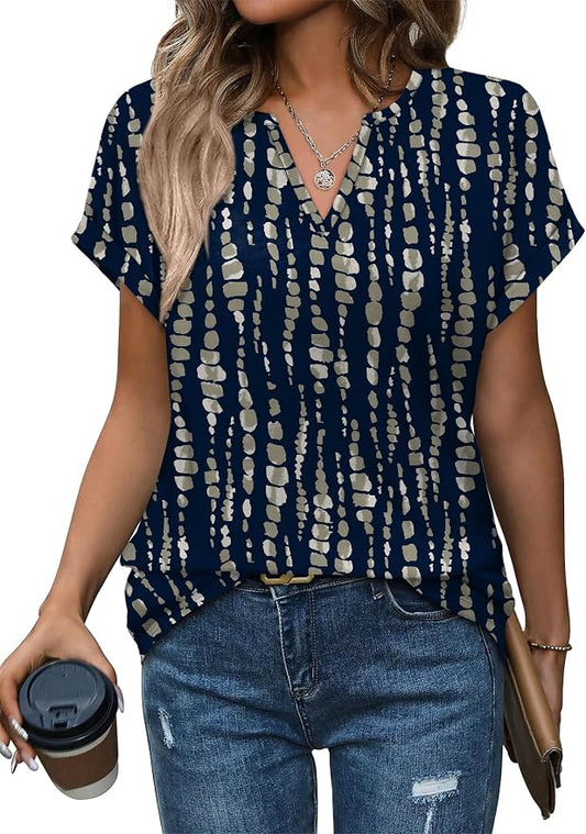 Womens Tops Dressy Casual V Neck Rolled Sleeve T Shirts Fashion Clothing Business Casual Outfits Beach Vacation Clothes by XIEERDUOFASHION