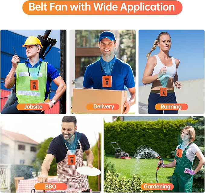 Waist Fan, 5000mAh Rechargeable Belt Clip Fan, 39ft/s Strong Airflow, 5 Speeds, Up to 29H, Wearable Hands-Free Body Cooling with Bottom Air Intake, USB-C for Jobsite Camping Farm - Image 8