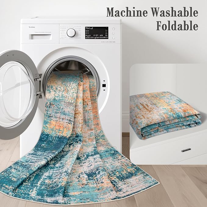 Washable Area Rug 3x5 Entryway Rug: Washable Modern Abstract Soft Thin Rug Indoor Floor No Slip Carpet for Bedroom Dining Room Farmhouse Nursery Home Office - Rosy Haze - Image 6
