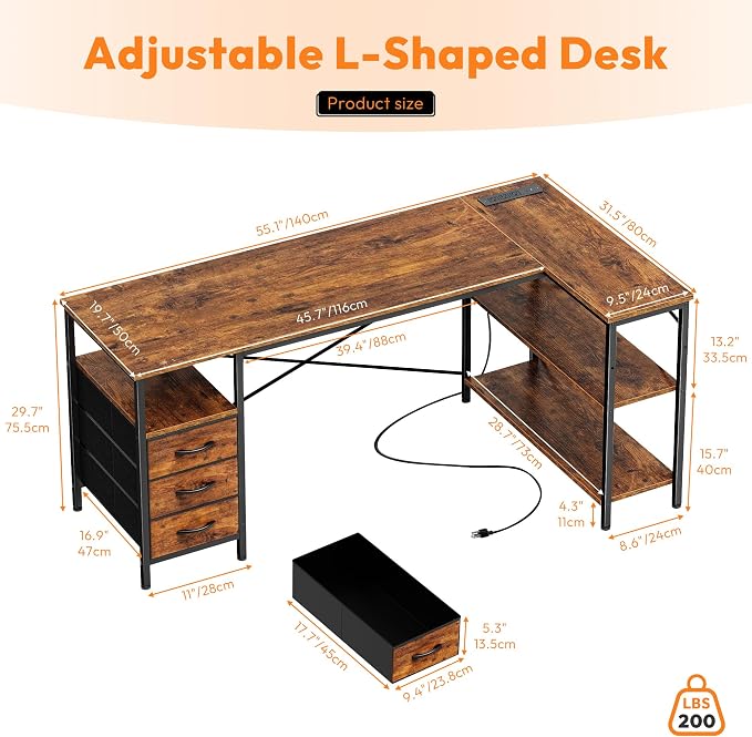 Alpen L Shaped Computer Desk, 55 Inch Corner Desk with Drawers and Power Outlets, Home Office Desk for Gaming, Study Writing PC Table with Storage and Reversible Shelf, Rustic Brown - Image 3