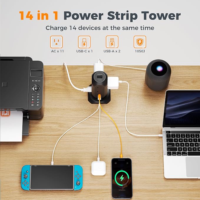 TESSAN Tower Power Strip Flat Plug with 1050J Protection, 10 Ft, Black | 11 Outlets 3 USB (1 USB C), Surge Protector Power Tower, Extension Cord with Multiple Outlets, Dorm, Office Desk Supplies - Image 3