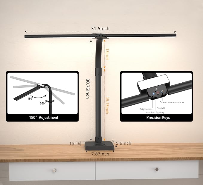 Double Head LED Desk Lamp, Architect Desk Lamps for Home Office, 24W Brightest Workbench Office Lighting-5 Color Modes and 5 Dimmable Eye Protection Modern Desk Lamp (Black-Desktop, Big) - Image 3
