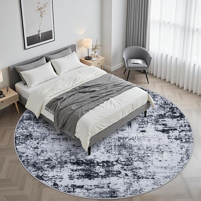 Round Area Rug for Living Room: 6 ft Washable Modern Abstract Soft Thin Rug Indoor Floor No Slip Stain Resistant Carpet for Bedroom Dining Room Farmhouse Nursery Home Office - Black - Image 2