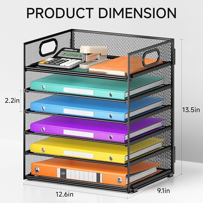 6 Tray Paper Organizer Letter Tray with Handle - Mesh Desk File Organizer, Paper Sorter Organizer for Office, Home or School File Folder Holder -Black - Image 2