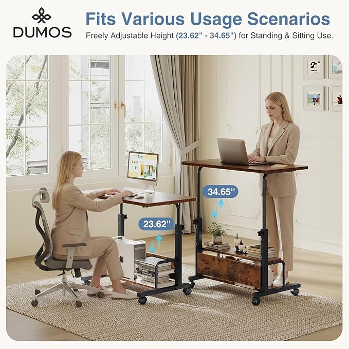 DUMOS Rolling Desk, Storage Shelves, Laptop Table, Home Office | Height Adjustable Design, Computer Desks on Wheels, Portable for Small Spaces Use, Rustic Brown - Image 6