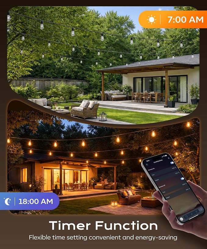 Outdoor String Lights, 100FT Patio Lights for Outside, Smart App & Remote Control with Timer, Dimmable with 4 Scene Modes, Warm White Waterproof LED Bulbs for Garden, Yard and Backyard Decor - Image 4