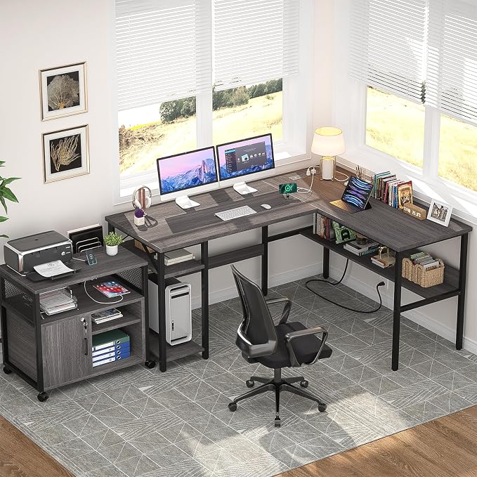 Unikito Reversible L Shaped Desk with Magic Power Outlets and USB Charging Ports, Sturdy Corner Computer Desk with Storage Shelves, Gaming Table Home Office Desk, Easy to Assemble, Enoch Walnut - Image 8