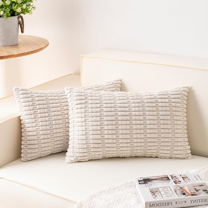 Aegero Pack of 2 Corduroy Decorative Throw Pillow Covers 12x20 InchSoft Boho Striped Pillow Covers Modern Farmhouse Home Decor for Sofa Living Room Couch Bed（Cream White） by Unknown