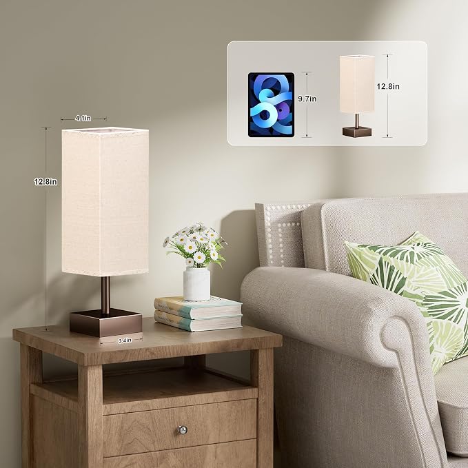 aooshine Browm Small Bedside Lamp for Bedroom - Square Beige Fabric Shade | Inline Rocker Switch, Corded Electric, Bulb Not Included, 12.8" Mini Table Lamp for Nightstand, Desk, Dorm, Office - Image 3