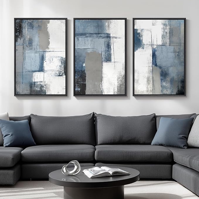Large Framed Blue and Grey Abstract Wall Art, 3 Piece Modern Canvas Prints Paintings Artwork for Walls, Minimalist Abstract Block Pictures for Living Room Entryway Hallway Bedroom Wall Decor 20x30 In by Cuspin