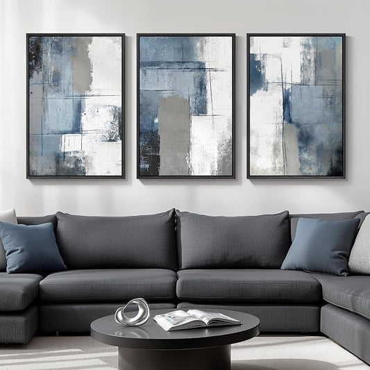 Large Framed Blue and Grey Abstract Wall Art, 3 Piece Modern Canvas Prints Paintings Artwork for Walls, Minimalist Abstract Block Pictures for Living Room Entryway Hallway Bedroom Wall Decor 20x30 In by Cuspin