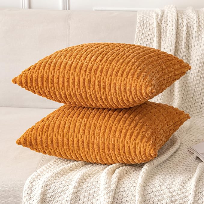 MIULEE Fall Pack of 2 Burnt Orange Corduroy Decorative Pillow Covers 20x20 Inch Soft Boho Striped Throw Pillow Covers Modern Farmhouse Home Decor for Sofa Living Room Couch Bed - Image 3