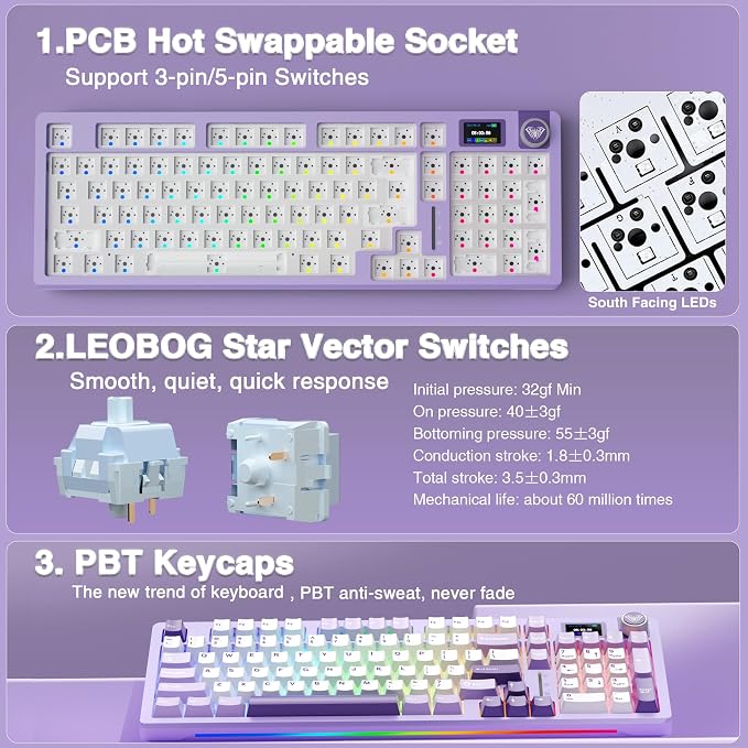 AULA S98 Pro Wireless Mechanical Keyboard with Screen & Knob, Tri-Mode Creamy Keyboard with Number Pad, Pre-lubed Linear Switches, Hot Swappable RGB Backlit Computer Gaming Keyboards for PC/Laptop - Image 5
