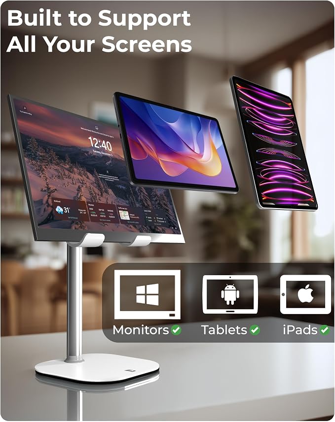 COOPER TabHolder, 7-10" Height Adjustable Tablet Stand, Premium iPad Stand for Desk, 270° Tilt iPad Holder, Kindle Holder, 15.6-17" Portable Monitor Support (White) - Image 5