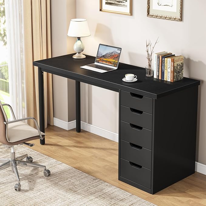 Tribesigns Computer Desk with 5 Drawers, 47 inches Rustic Brown Home Office Desk with Storage, Modern Simple Laptop Desk Study Writing Table for Small Spaces (1, Black) - Image 4