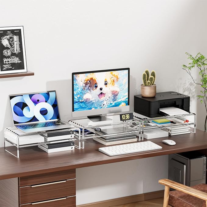 Egchi Clear Acrylic Monitor Stand Riser 2 Tier, 5.12 Inches High Clear Computer Desk Organizer Shelf for Multi Media PC Storage Laptop - Image 7