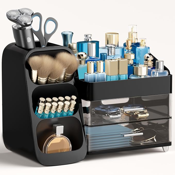 HBlife Cologne Organizer for Men Makeup Organizer with Brush Holder for Vanity, Large Plastic Bathroom Countertop Organizer Skin Care Storage, Fathers Day Gift for Dad Husband, Black by HBlife