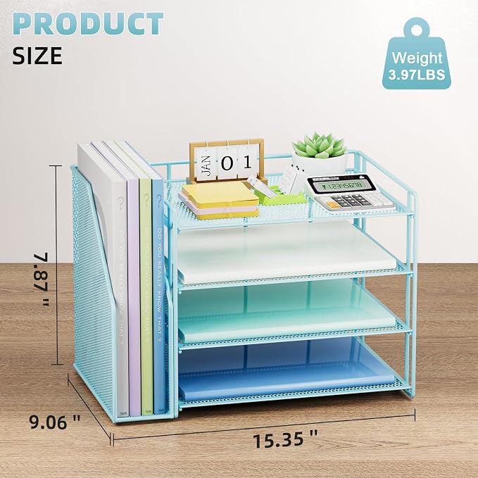 Marbrasse 4-Tier Paper Tray Organizer with File Holder, Blue | Sturdy Paper Tray, Built-in File Holder, fits Letters/Docs, Saves Desk Space, for School/Office/Home - Image 2