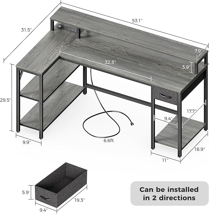 SUPERJARE 53 inch Reversible L Shaped Desk with LED Lights & Power Outlets, Computer Desk with Shelves & Monitor Stand, Gaming Desk with Drawer, Home Office Desk Corner Desk, Grey - Image 6