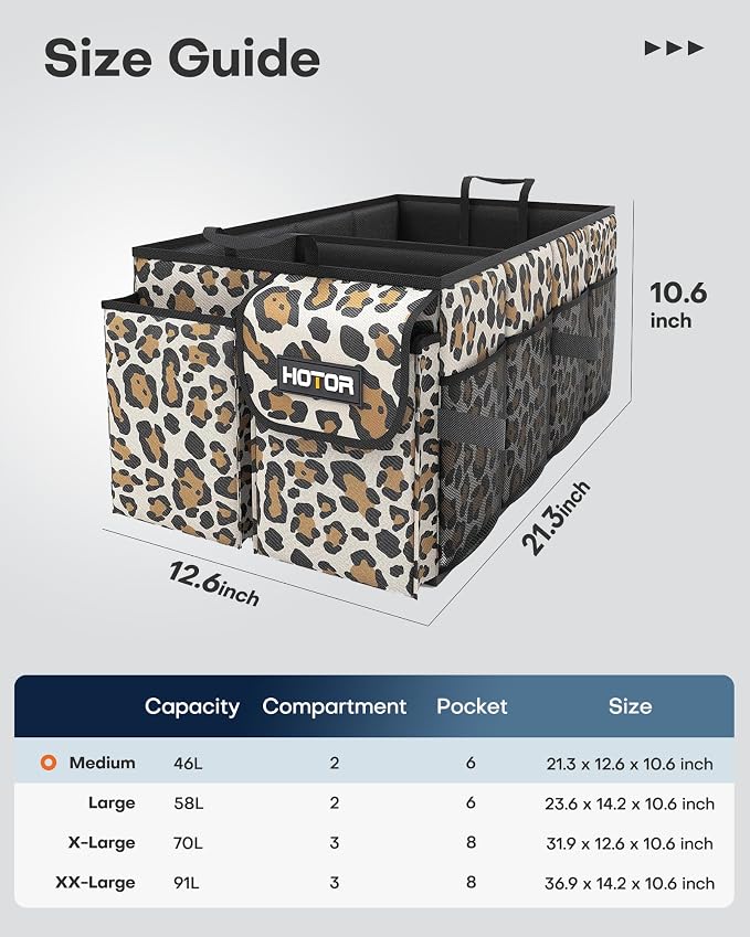 HOTOR Trunk Organizer - Car Organizer, Foldable Trunk organizer for SUVs & Sedans, Sturdy Car Organization for Car Accessories, Tools, Sundries, Leopard, 2 Compartments, 21.3"×12.6"×10.6" - Image 2