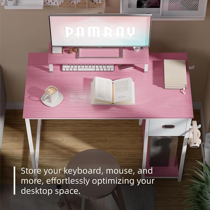 Pamray 39 Inch Small Computer Desk with Monitor Stand and Drawer for Gaming | Small Gaming Desk, for Bedroom Small Spaces, Home Office, Dorm and Apartment, for Writing, Study and Working - Image 3
