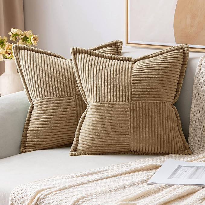MIULEE Decorative Throw Pillow Covers for Couch Bed Livingroom 16x16 Inch Set of 2 Khaki Boho Accent Throw Pllows Broadside Striped Patchwork Soft Corduroy Pillowcases by MIULEE