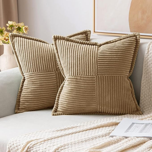 MIULEE Decorative Throw Pillow Covers for Couch Bed Livingroom 16x16 Inch Set of 2 Khaki Boho Accent Throw Pllows Broadside Striped Patchwork Soft Corduroy Pillowcases by MIULEE