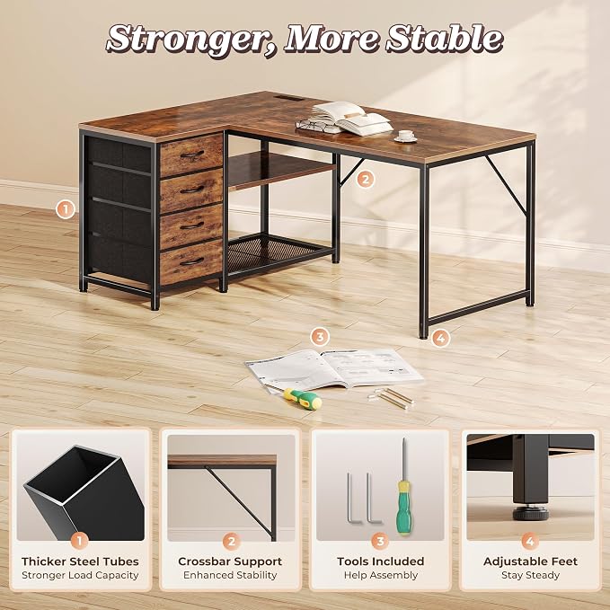 PRAISUN 43.3" Small Computer Desk with Power Outlets & USB-C Port, Reversible L Shaped Corner Office Desk with 4 Fabric Drawers and 2 Adjustable Storage Shelves, for Gaming Writing, Rustic Brown - Image 8