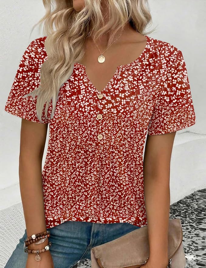 Zeagoo Womens Short Sleeve Tops Summer Henley V-Neck Tshirts Casual Pleated Blouse Dressy Loose Floral Basic Tee - Image 3