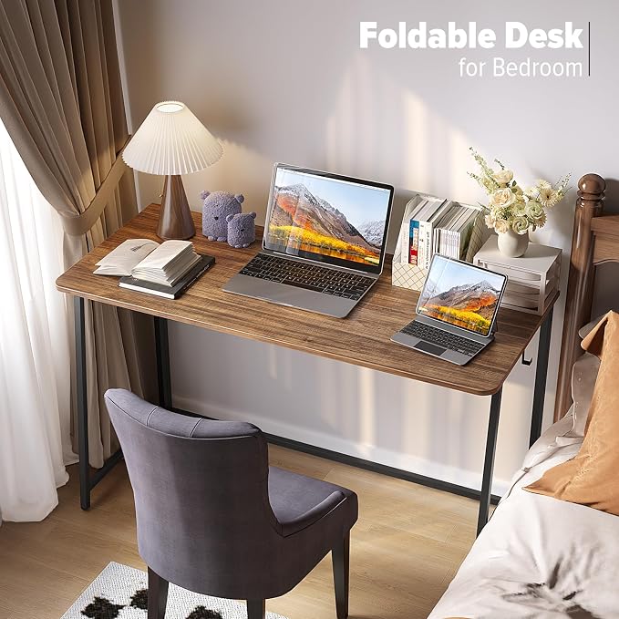 WOHOMO Folding Desk, 47.2" Foldable Computer Table for Small Spaces, Walnut | Easy Assembly and Fold, Sturdy Home office desks for Study Bedroom Dorm Space Saving Writing Work Apartment - Image 5