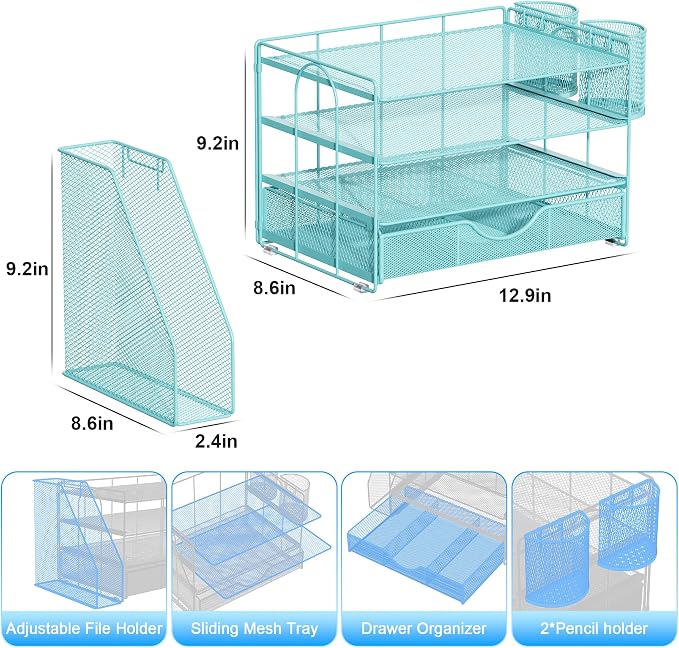 gianotter Desk Organizers and Accessories with File Holder, 4-Tier Desk Accessories & Workspace Organizers with Drawer and 2 Pen Holder, Paper Organizer for Office Supplies (Blue) - Image 5