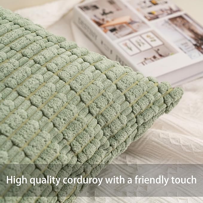 Aegero Pack of 2 Corduroy Decorative Throw Pillow Covers 16x16 Inch Soft Striped Pillow Covers Modern Farmhouse Home Decor for Sofa Living Room Couch Bed（Blackish Green） - Image 2