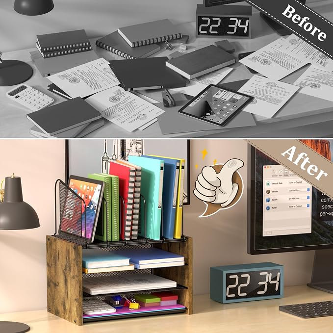 4-Tier Desk Organizer, Desk File Organizer with 5 Vertical File Holders, Office Desktop Organizer with 3 Level Paper Organizer Letter Tray, Wooden Desk Organizers and Accessories for Home Office - Image 4
