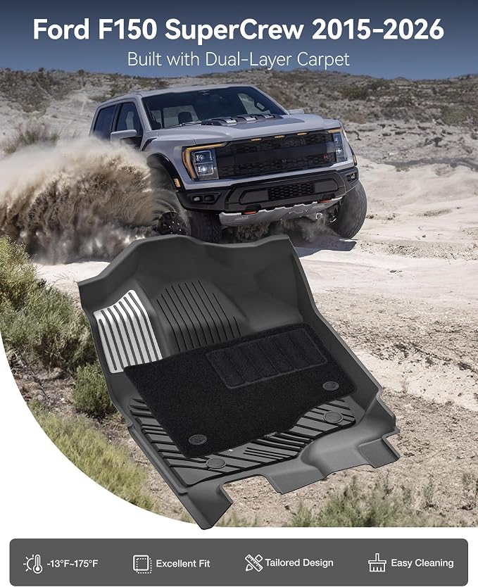 3W Floor Mats (with Metal Pedals)&Carpets Fit for Ford F-150 2015-2026 & F150 Lightning 2022-2025 SuperCrew, TPE All Weather Car Mats Custom Fit Accessories (w/s Original fold Under-Seat Storage Box) - Image 2