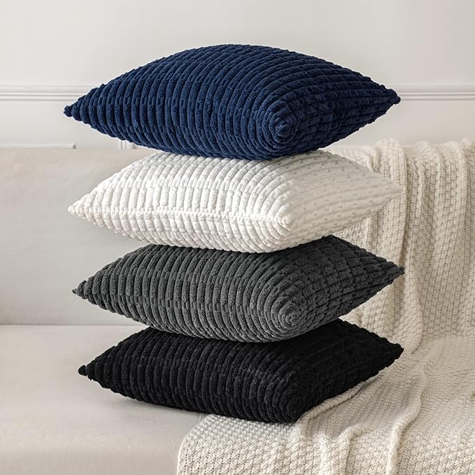 MIULEE Pack of 2 Corduroy Decorative Throw Pillow Covers 20x20 Inch Soft Boho Striped Pillow Covers Modern Farmhouse Home Decor for Summer Coastal Sofa Living Room Couch Bed Dark Blue - Image 4