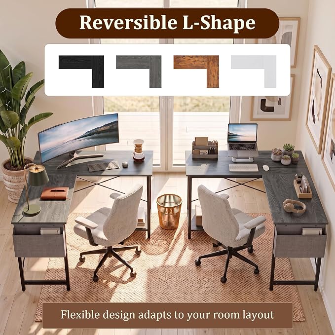 Alpen Gaming Desk, Home Office L Shaped Desk, Small Computer Corner PC Table with Side Bag and Reversible Shelf, Sturdy Writing Workstation for Bedroom, Living Room, Grey - Image 8