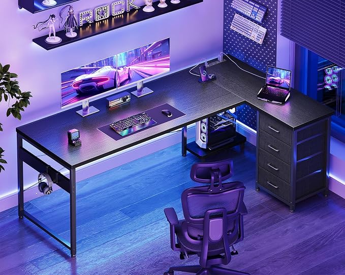 AODK 67" L Shaped Gaming Desk with 4 Drawers and Power Outlets, Black | USB Ports, PC Tower Stand, Hooks, Reversible Corner Layout for Gaming Rooms, Bedrooms and Home Office - Image 2
